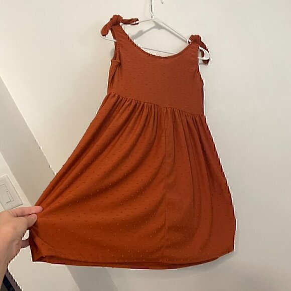 SEE YOU MONDAY Burnt Orange Swiss Dot Tie Shoulder Strap Mini Fit & Flare Dress - Picture 8 of 12
